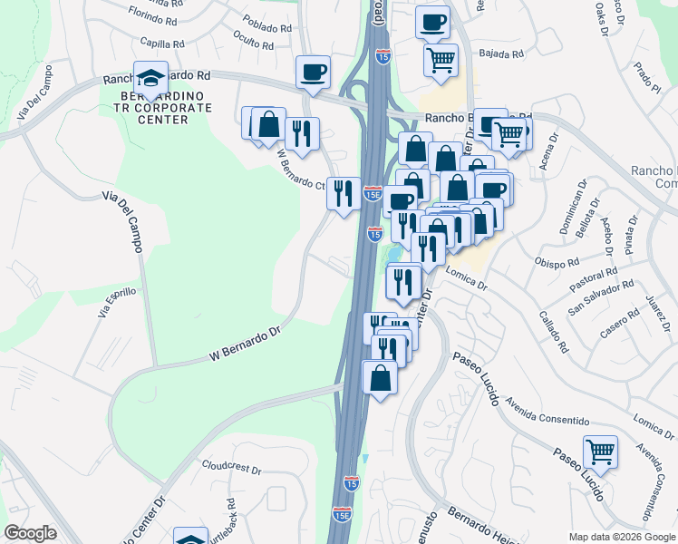 map of restaurants, bars, coffee shops, grocery stores, and more near 16765 W Bernardo Dr in San Diego