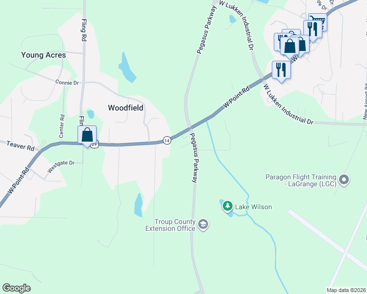map of restaurants, bars, coffee shops, grocery stores, and more near 2601 West Point Road in LaGrange