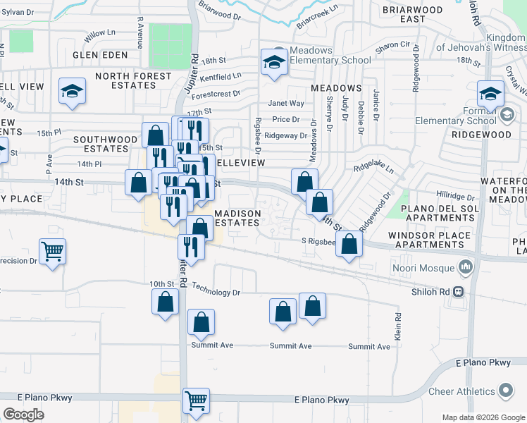 map of restaurants, bars, coffee shops, grocery stores, and more near 1366 Rigsbee Drive in Plano