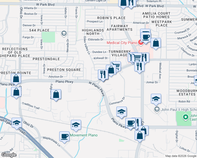 map of restaurants, bars, coffee shops, grocery stores, and more near 4120 Desert Garden Drive in Plano