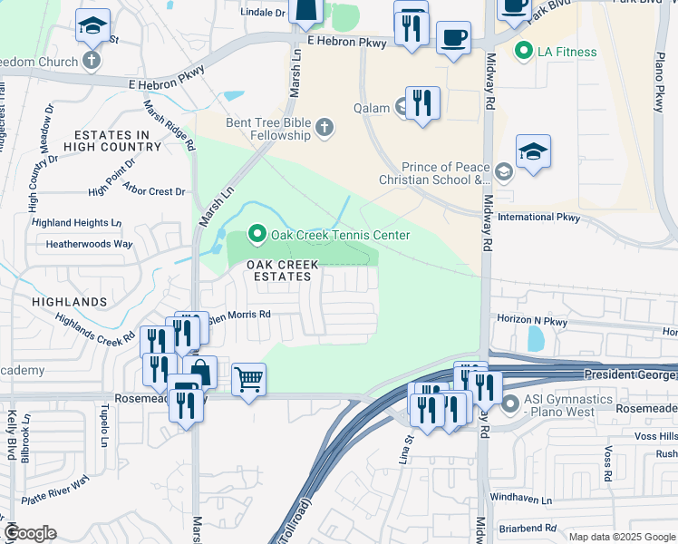 map of restaurants, bars, coffee shops, grocery stores, and more near 3809 Amberglow Court in Carrollton