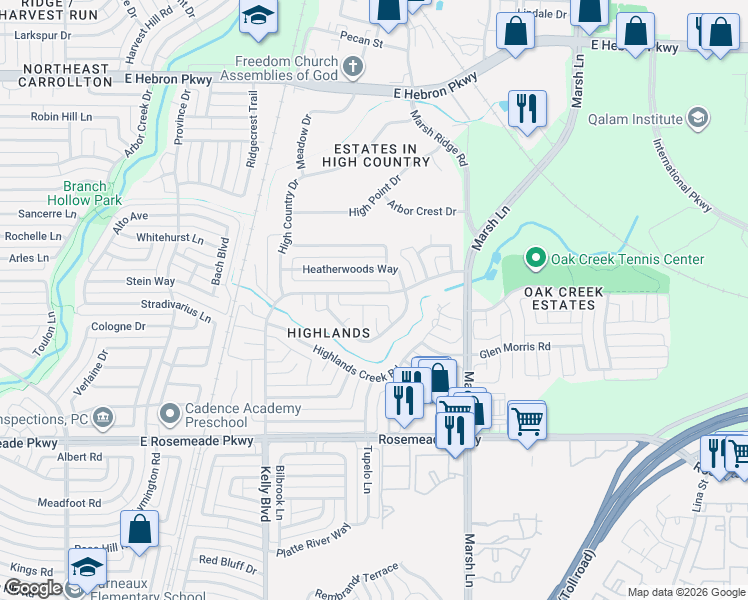 map of restaurants, bars, coffee shops, grocery stores, and more near 3846 Kelly Boulevard in Carrollton