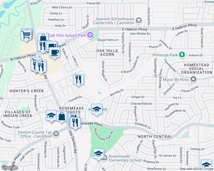 map of restaurants, bars, coffee shops, grocery stores, and more near 3801 Silver Maple Drive in Carrollton