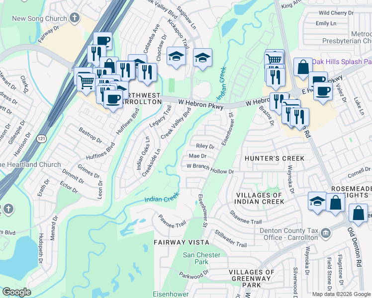map of restaurants, bars, coffee shops, grocery stores, and more near 1372 Mae Drive in Carrollton