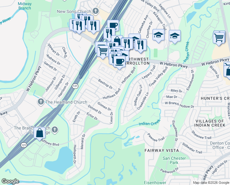 map of restaurants, bars, coffee shops, grocery stores, and more near 4002 Huffines Boulevard in Carrollton