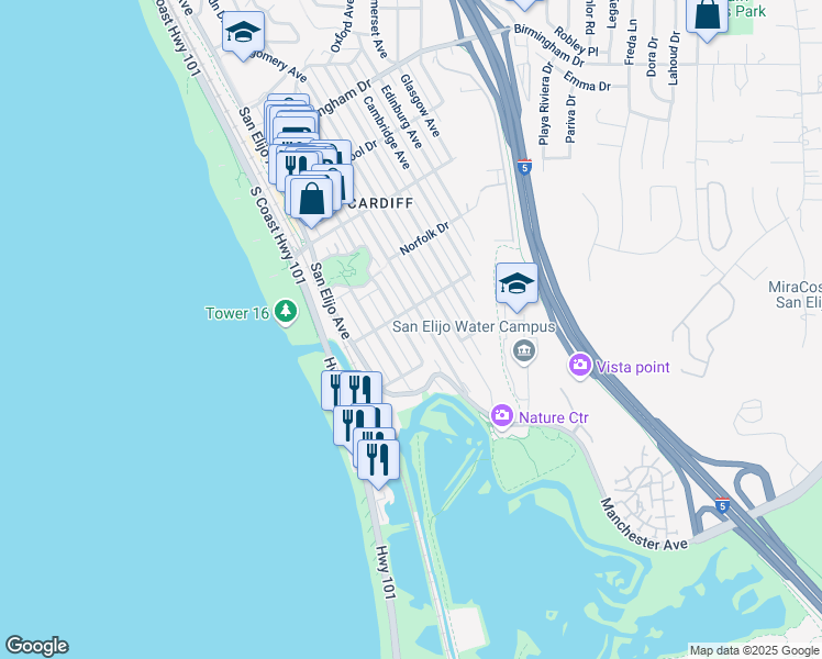 map of restaurants, bars, coffee shops, grocery stores, and more near 2427 Newcastle Avenue in Encinitas