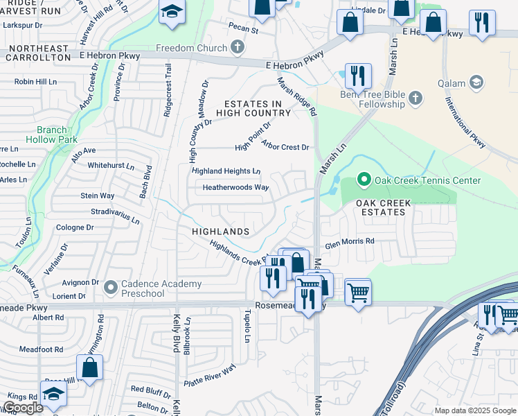 map of restaurants, bars, coffee shops, grocery stores, and more near 3846 Kelly Boulevard in Carrollton