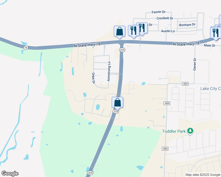 map of restaurants, bars, coffee shops, grocery stores, and more near 380 Armstrong Lane in Lavon