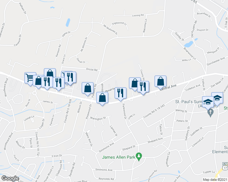 map of restaurants, bars, coffee shops, grocery stores, and more near 110 Pintail Drive in Summerville