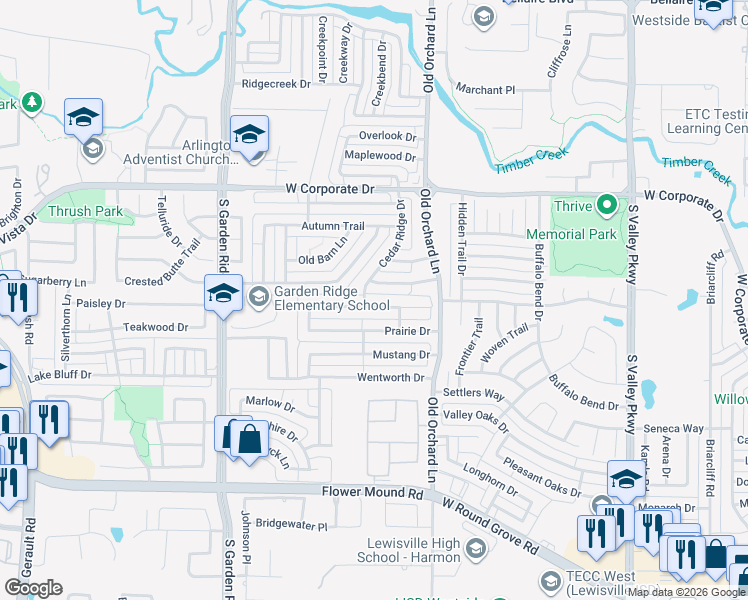 map of restaurants, bars, coffee shops, grocery stores, and more near 1353 Colby Drive in Lewisville
