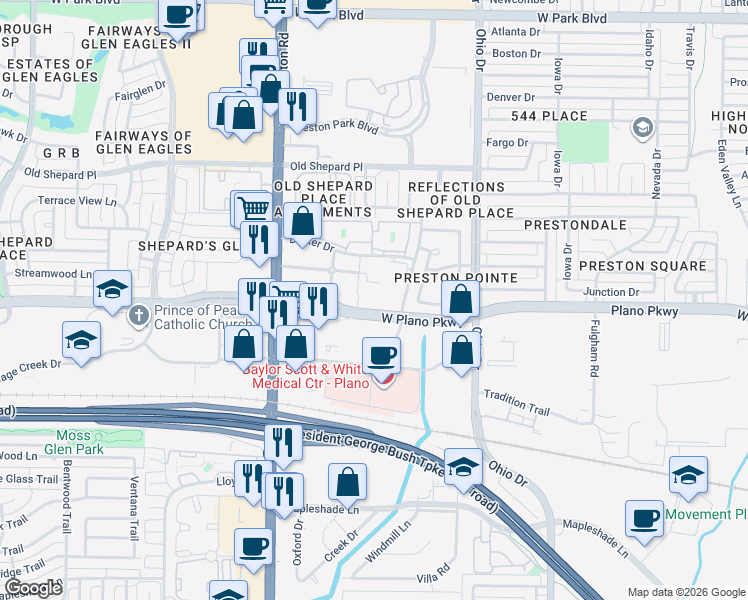map of restaurants, bars, coffee shops, grocery stores, and more near 4709 West Plano Parkway in Plano