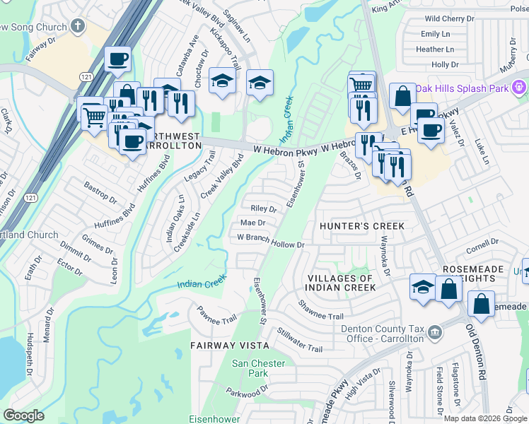 map of restaurants, bars, coffee shops, grocery stores, and more near 1336 Mae Drive in Carrollton