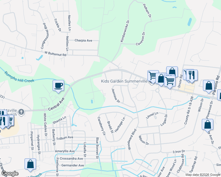 map of restaurants, bars, coffee shops, grocery stores, and more near 220 Jasmine Drive in Summerville