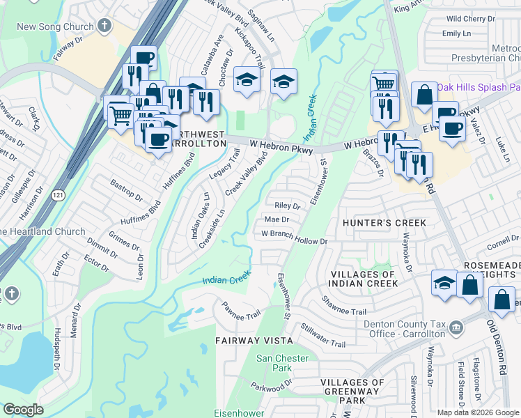 map of restaurants, bars, coffee shops, grocery stores, and more near 1372 Mae Drive in Carrollton