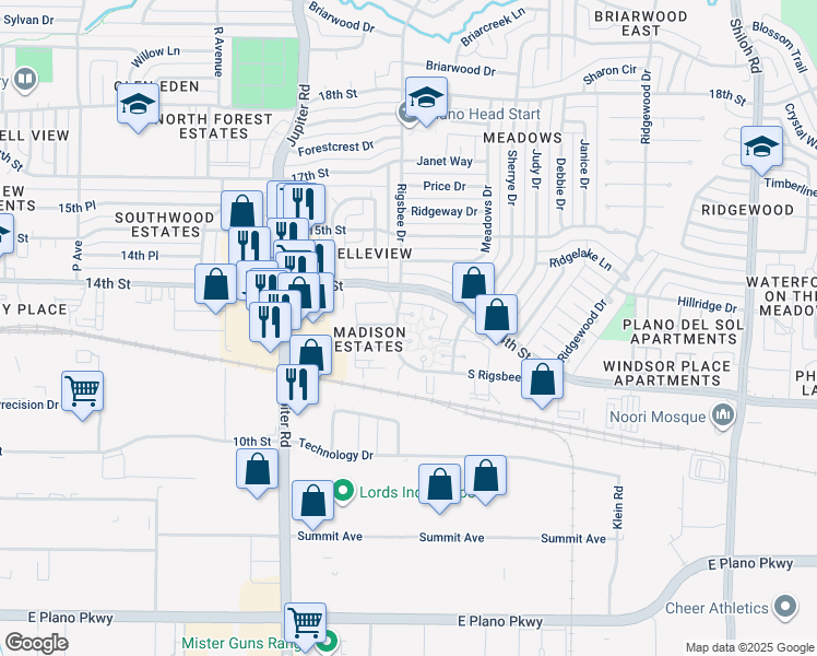 map of restaurants, bars, coffee shops, grocery stores, and more near 1370 South Rigsbee Drive in Plano