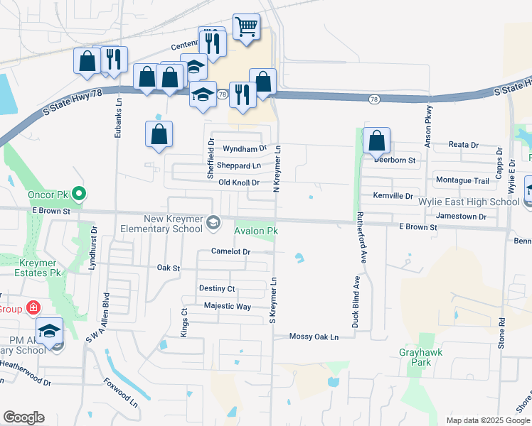 map of restaurants, bars, coffee shops, grocery stores, and more near 1415 East Brown Street in Wylie