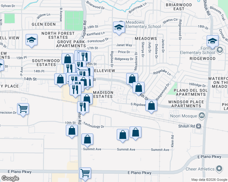 map of restaurants, bars, coffee shops, grocery stores, and more near 1366 Rigsbee Drive in Plano