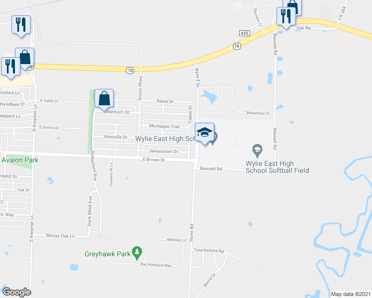 map of restaurants, bars, coffee shops, grocery stores, and more near 2937 Jamestown Drive in Wylie