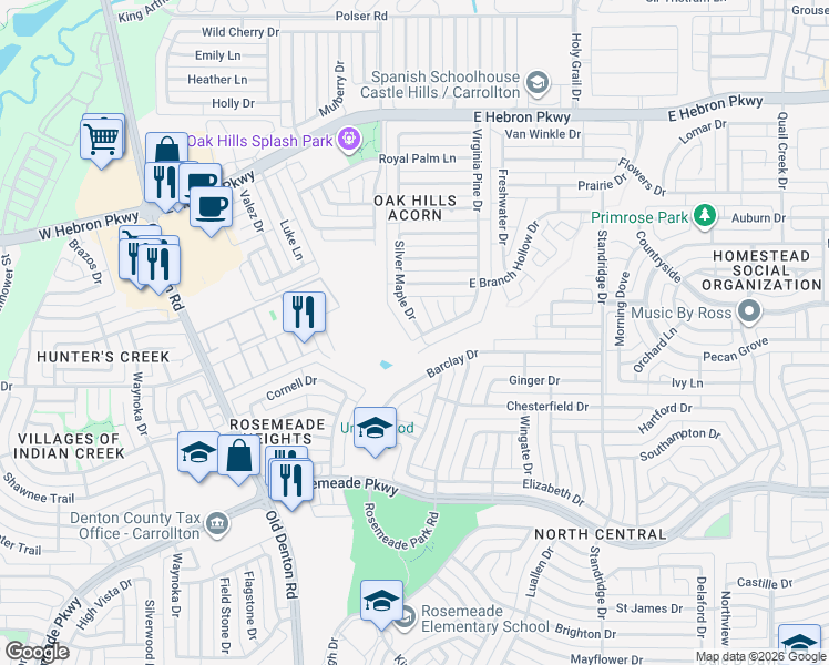 map of restaurants, bars, coffee shops, grocery stores, and more near 3801 Silver Maple Drive in Carrollton