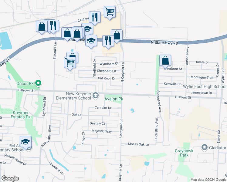 map of restaurants, bars, coffee shops, grocery stores, and more near 1315 East Brown Street in Wylie