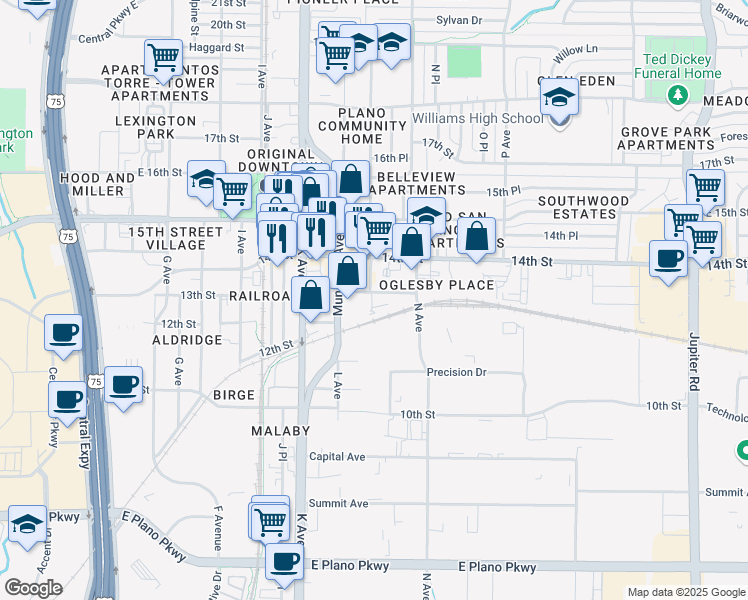 map of restaurants, bars, coffee shops, grocery stores, and more near 1302 13th Street in Plano