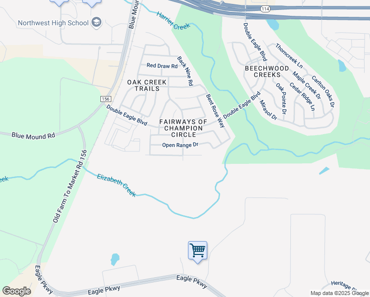 map of restaurants, bars, coffee shops, grocery stores, and more near 2444 Open Range Drive in Fort Worth