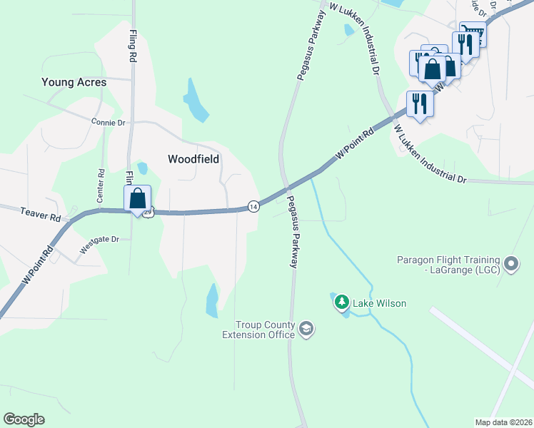 map of restaurants, bars, coffee shops, grocery stores, and more near 2601 West Point Road in LaGrange