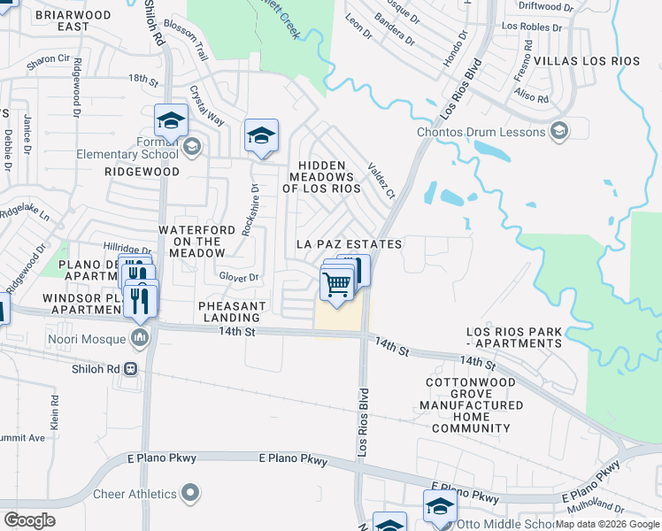 map of restaurants, bars, coffee shops, grocery stores, and more near 1512 La Paz Drive in Plano