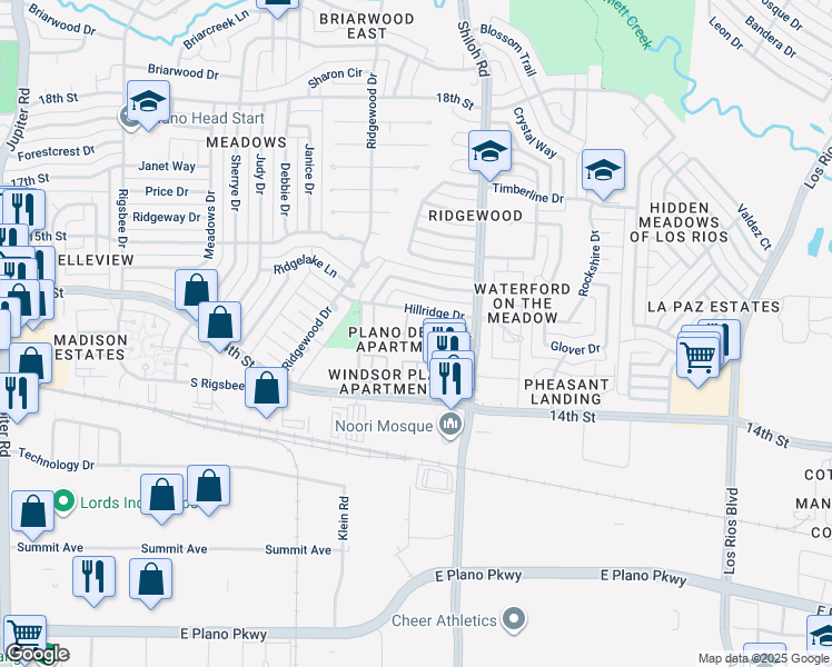map of restaurants, bars, coffee shops, grocery stores, and more near 1409 Shiloh Road in Plano