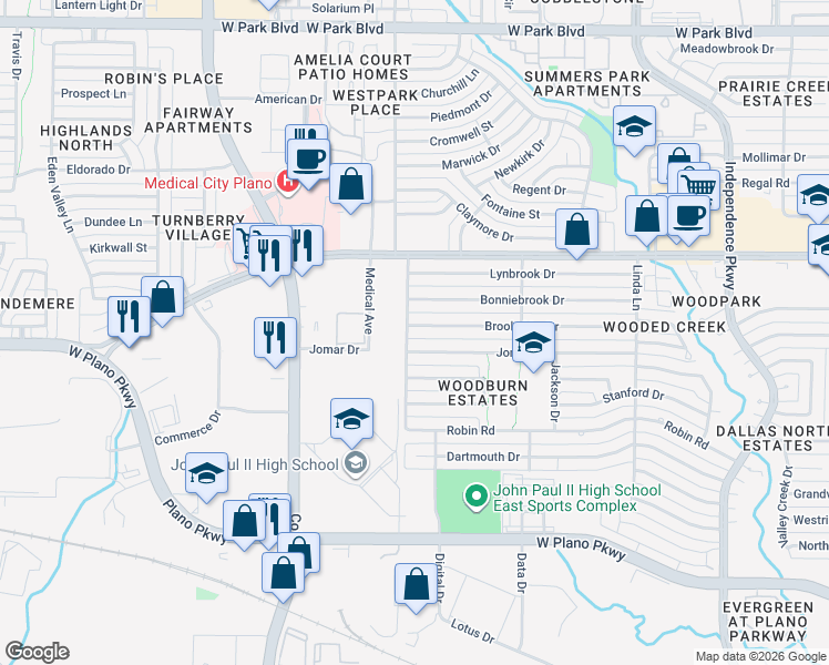 map of restaurants, bars, coffee shops, grocery stores, and more near 3613 Jomar Drive in Plano