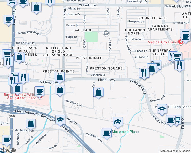 map of restaurants, bars, coffee shops, grocery stores, and more near in Plano