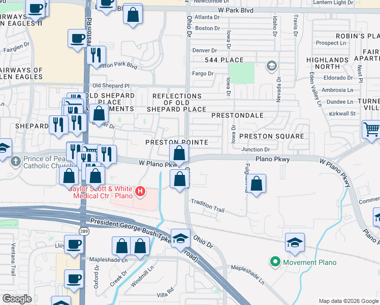 map of restaurants, bars, coffee shops, grocery stores, and more near in Plano