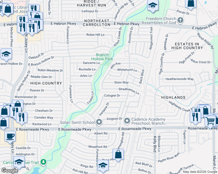 map of restaurants, bars, coffee shops, grocery stores, and more near 2008 Stradivarius Lane in Carrollton