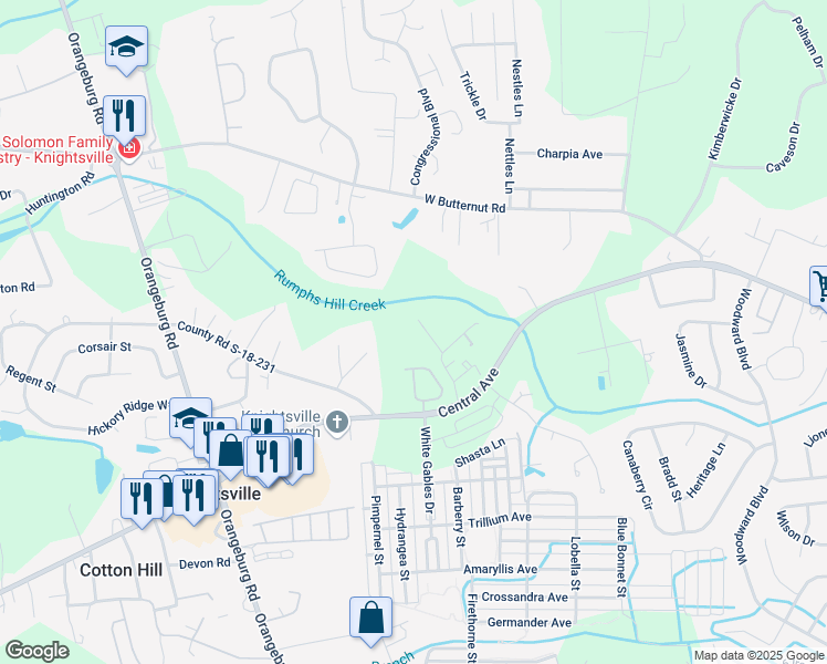 map of restaurants, bars, coffee shops, grocery stores, and more near 123 Harvest Way in Summerville