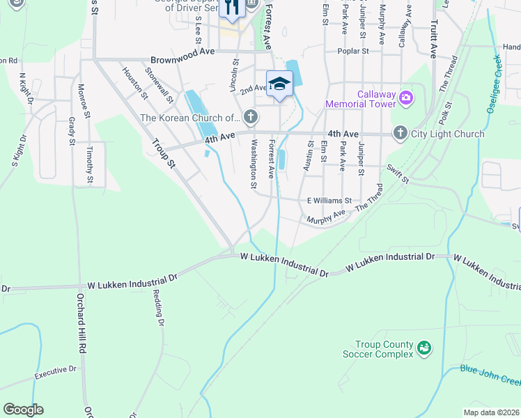 map of restaurants, bars, coffee shops, grocery stores, and more near 1406 Forrest Avenue in LaGrange