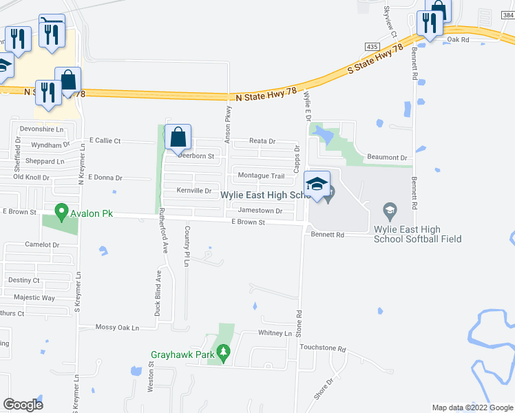 map of restaurants, bars, coffee shops, grocery stores, and more near 2917 Jamestown Drive in Wylie