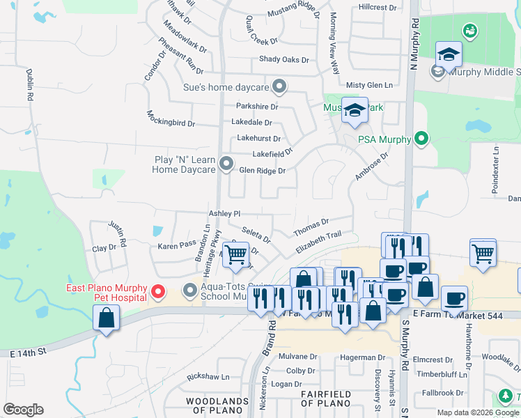 map of restaurants, bars, coffee shops, grocery stores, and more near 413 Ashley Place in Murphy