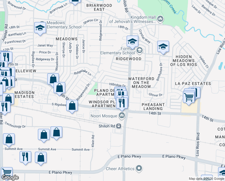map of restaurants, bars, coffee shops, grocery stores, and more near 1409 Shiloh Road in Plano