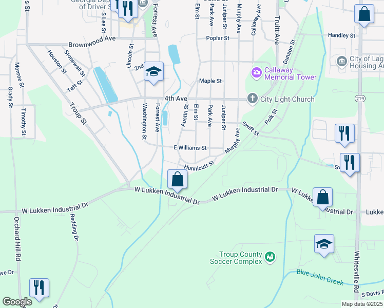 map of restaurants, bars, coffee shops, grocery stores, and more near 1500 Elm Street in LaGrange