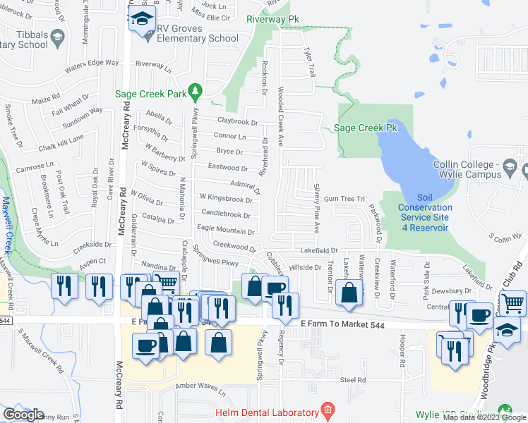 map of restaurants, bars, coffee shops, grocery stores, and more near 204 Admiral Drive in Wylie