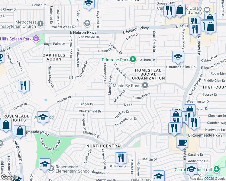 map of restaurants, bars, coffee shops, grocery stores, and more near 3816 Morning Dove in Carrollton
