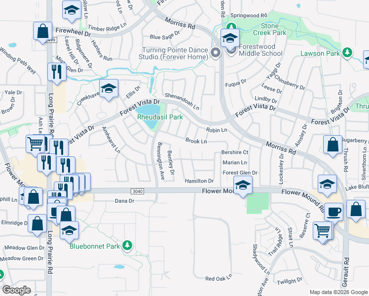map of restaurants, bars, coffee shops, grocery stores, and more near 2205 Winslow Court in Flower Mound