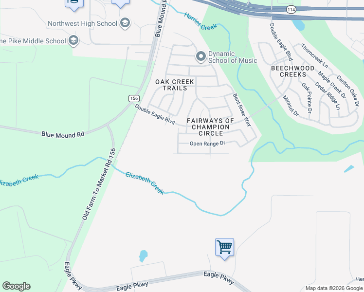 map of restaurants, bars, coffee shops, grocery stores, and more near 2413 Whispering Pines Drive in Fort Worth