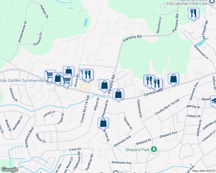 map of restaurants, bars, coffee shops, grocery stores, and more near 907 Hemingway Circle in Summerville