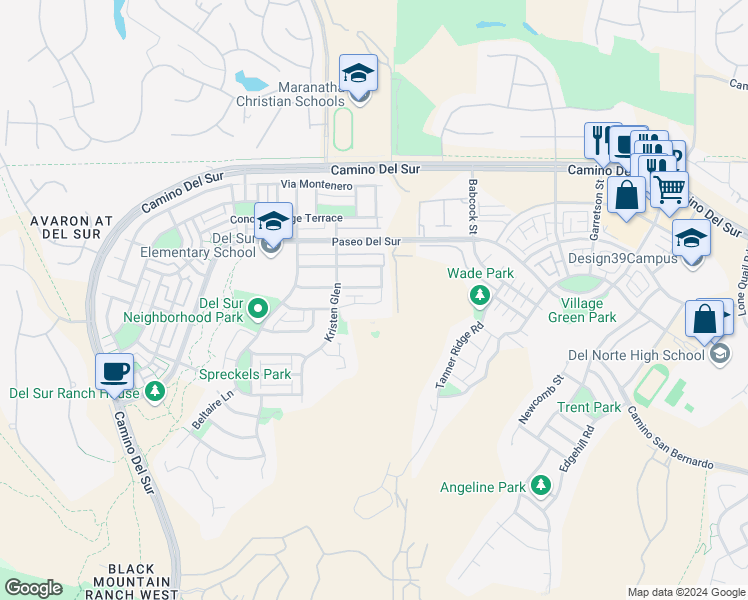 map of restaurants, bars, coffee shops, grocery stores, and more near 8576 Old Stonefield Chase in San Diego