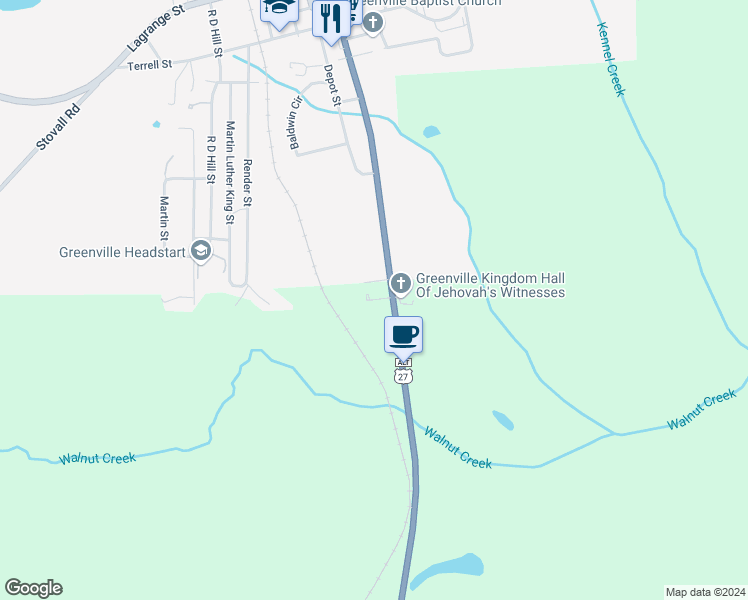 map of restaurants, bars, coffee shops, grocery stores, and more near 597 Georgia 18 in Greenville