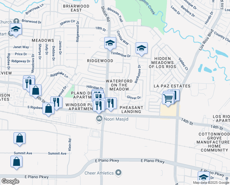 map of restaurants, bars, coffee shops, grocery stores, and more near 1414 Shiloh Road in Plano