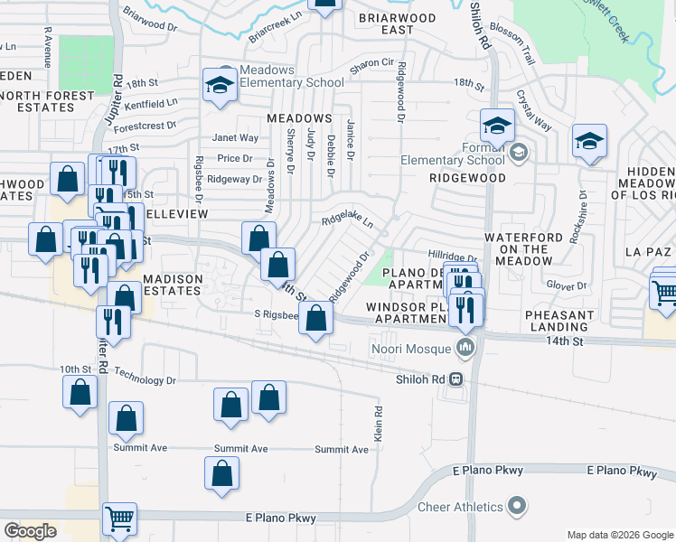 map of restaurants, bars, coffee shops, grocery stores, and more near 3308 Rollingridge Circle in Plano