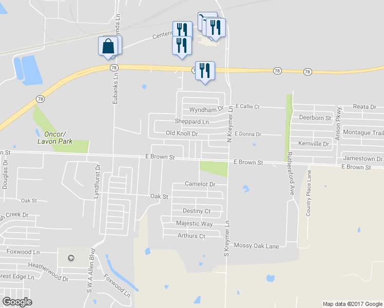 map of restaurants, bars, coffee shops, grocery stores, and more near 203 Piccadilly Circle in Wylie