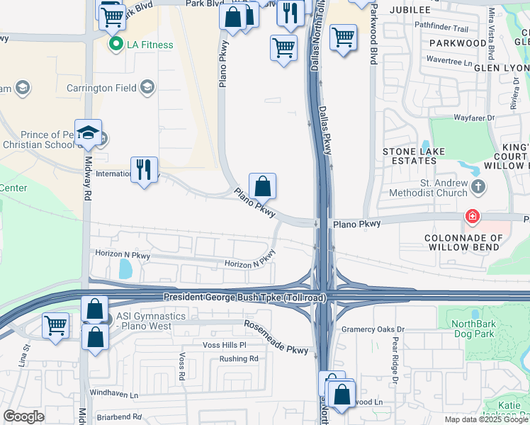 map of restaurants, bars, coffee shops, grocery stores, and more near 6100 West Plano Parkway in Plano